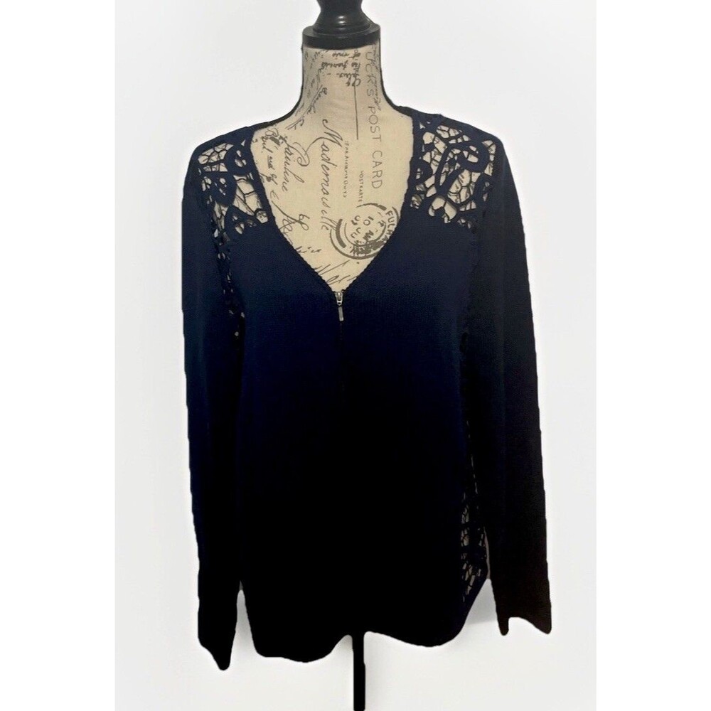 Chico’s Lace Detail Zip Sweater Women’s 2 (L) Navy Blue Boho Coastal Knit Top